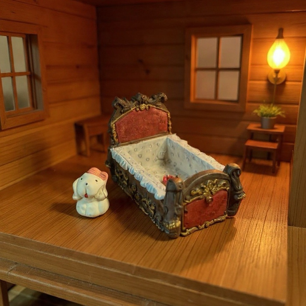 Doll house furniture- child’s Bed with miniature dog (resin)